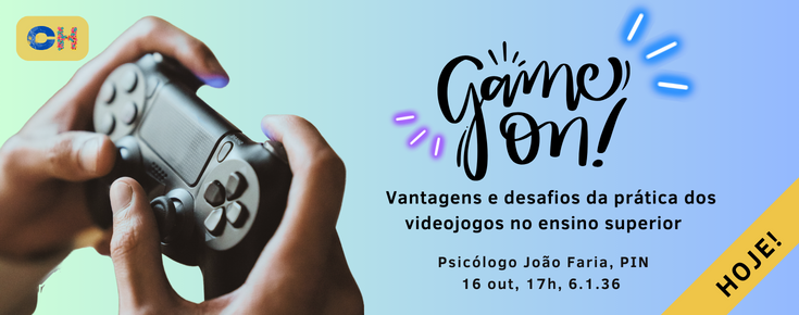 Logótipo do projeto e fotografia de mãos a segurarem num controlador de jogos eletrónicos