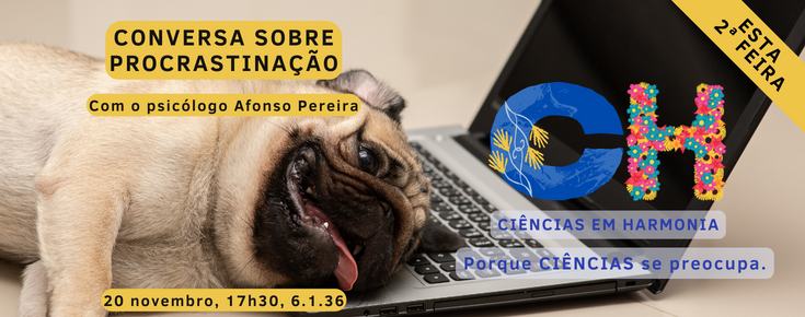 Logótipo do projeto e fotografia de cão (pug) deitado em cima de um computador portátil