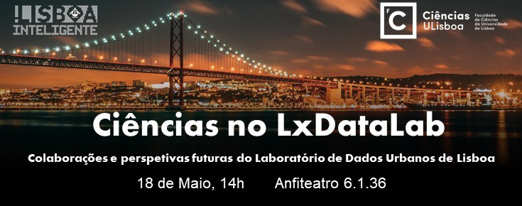 Título, data e local do evento, sobre uma fotografia de Lisboa