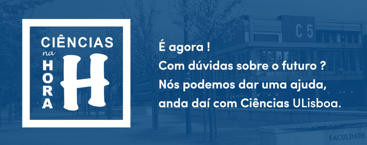 Logótipo "Ciências na Hora H" sobre um fundo azul