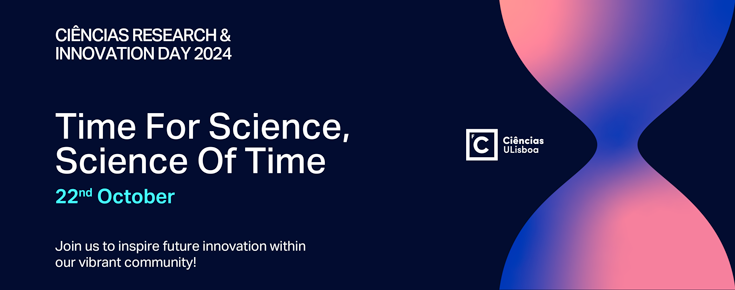 Logótipo de Ciências ULisboa, título/data do evento, título "Time for Science, Science of Time" e representação gráfica de ampulheta