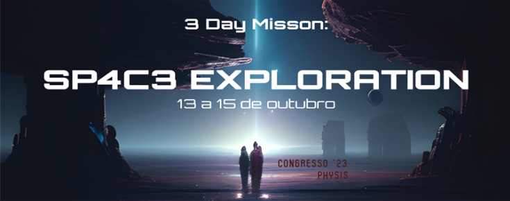 Título e data do evento, inseridos numa imagem representativa da exploração espacial