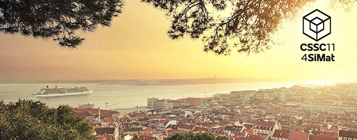 Logótipo do evento, sobre uma fotografia de Lisboa ao entardecer