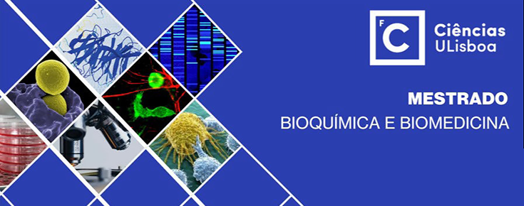 Logótipo de Ciências ULisboa, título do curso e mosaico de imagens relacionadas com a bioquímica e biomedicina