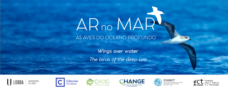 Título da exposição "Ar no Mar", logótipos das entidades envolvidas e fotografia de ave marinha, em pleno voo 