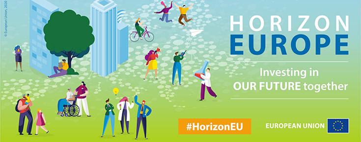 Iconografia associada ao Horizon Europe (logótipos e representação de pessoas a trabalhar e conviver ao ar livre)