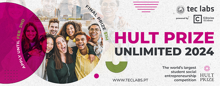 Título "Hult Prize Unlimited 2024", fotografia de sete estudantes e logótipos das entidades organizadoras