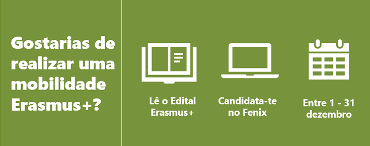 Título "Gostarias de realizar uma mobilidade Erasmus+?" e iconografia representativa de candidaturas, sobre um fundo verde