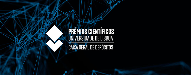 Logótipo dos Prémios Científicos Universidade de Lisboa / Caixa Geral de Depósitos, sobre um fundo azul escuro