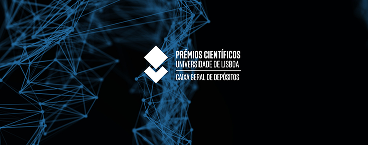 Logótipo dos Prémios Científicos Universidade de Lisboa / Caixa Geral de Depósitos, sobre um fundo azul escuro