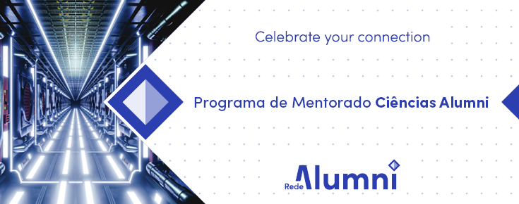 Logótipo da Rede Alumni, slogan "Celebrate your connection", título da call e fotografia de túnel luminoso (em tons de azul)