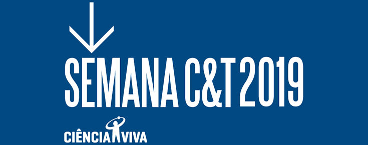 Logótipo da Semana da Ciência e da Tecnologia 2019, sobre um fundo azul