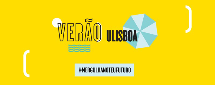 Logótipo do Verão na ULisboa, sobre um fundo amarelo