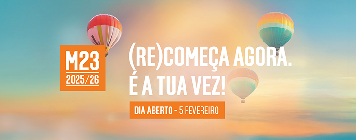 Dia Aberto M23 2025 Data/título do evento/frase "(Re)começa agora. É a tua vez!", sobre fotografia de balões de ar quente
