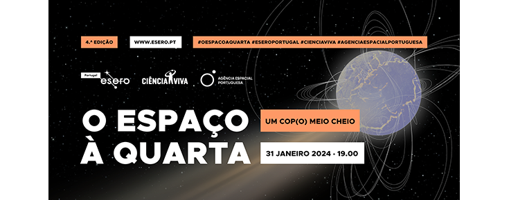 Título e data do evento, sobre uma representação do planeta Terra em formato de átomo