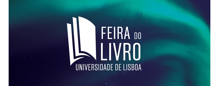 Feira do Livro na Universidade de Lisboa Logótipo do evento, sobre uma fotografia de uma aurora
