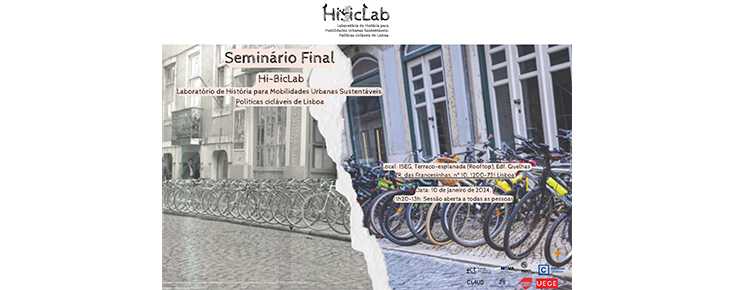 Logótipo do projeto e das entidades participantes, título/data/local do evento e composição de fotografias antigas e atuais de bicicletas 