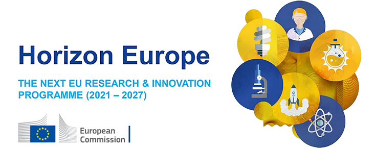 Logótipo da Comissão Europeia e iconografia associada ao Horizon Europe