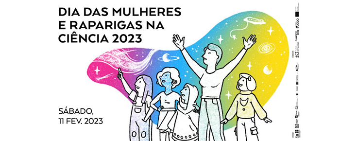 Título do evento, logótipos dos promotores e representação de mulheres e raparigas cientistas