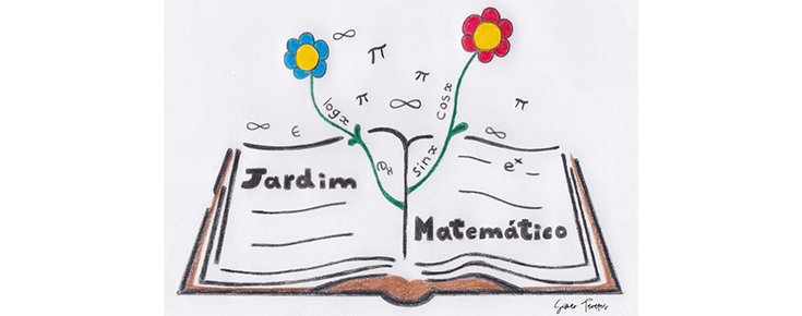 Logótipo do Jardim Matemático (ilustração de livro aberto, 2 flores e diversos símbolos matemáticos)