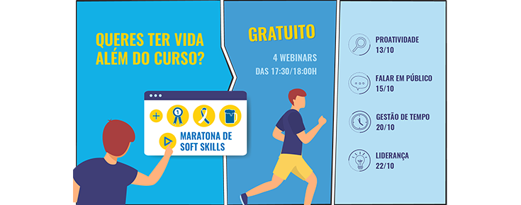 Maratona de Soft Skills Imagem ilustrativa do evento, acompanhada dos títulos, datas e horários das sessões