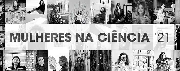 Mosaico de fotografias, a preto e branco, de mulheres cientistas