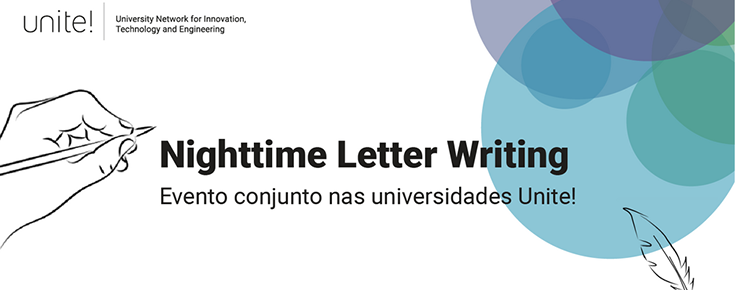 Título do evento, logótipo da Unite! e representação de mão a escrever uma carta