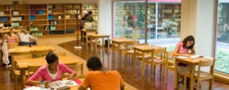 Pessoas estudam numa mesa na biblioteca