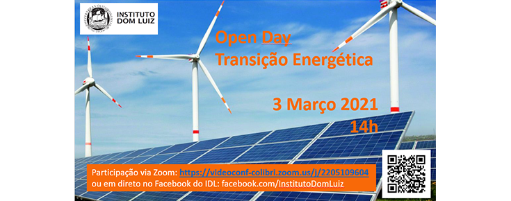 Imagem ilustrativa do evento (energia eólica e solar), acompanhada de várias informações (título, data e hora do evento; logótipo do IDL)