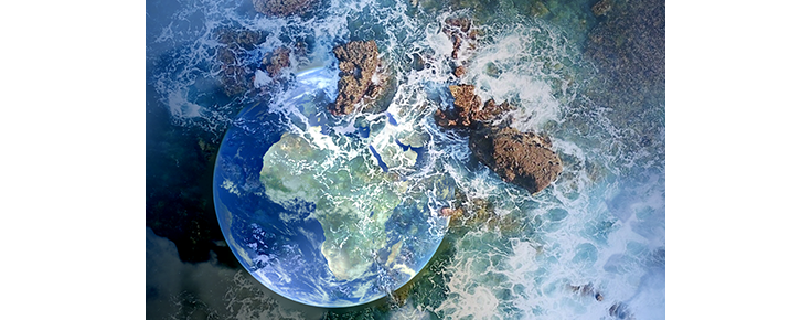 Composição de imagens do planeta terra e da orla costeira