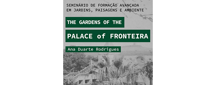 Título do evento, sobre uma fotografia a preto e branco do Palácio da Fronteira