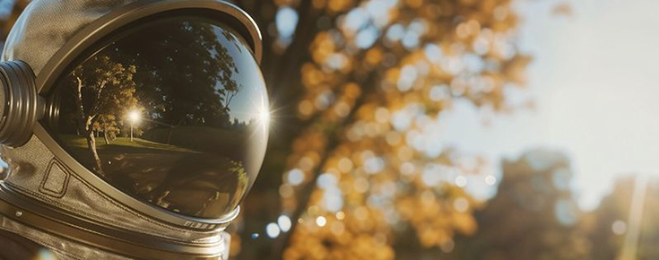 Astronauta, banhado pela luz solar, no meio de uma floresta