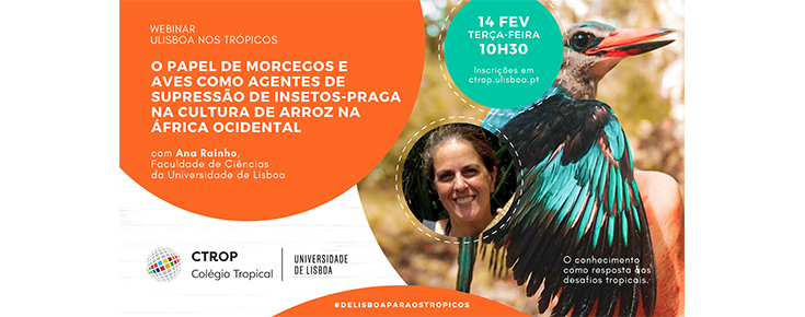 Título do evento, fotografias da oradora e de aves