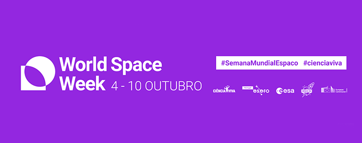 Logótipo da Semana Mundial do Espaço 2020, acompanhado da respetiva data e logótipos das entidades intervenientes